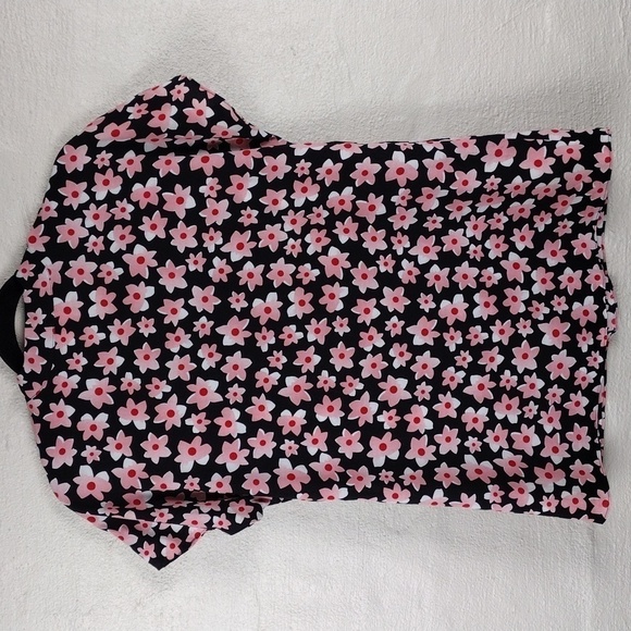 Cabi Black Pink Floral V-Neck Pleated Front Short Cap Sleeve Pullover Tunic Top - Picture 9 of 12